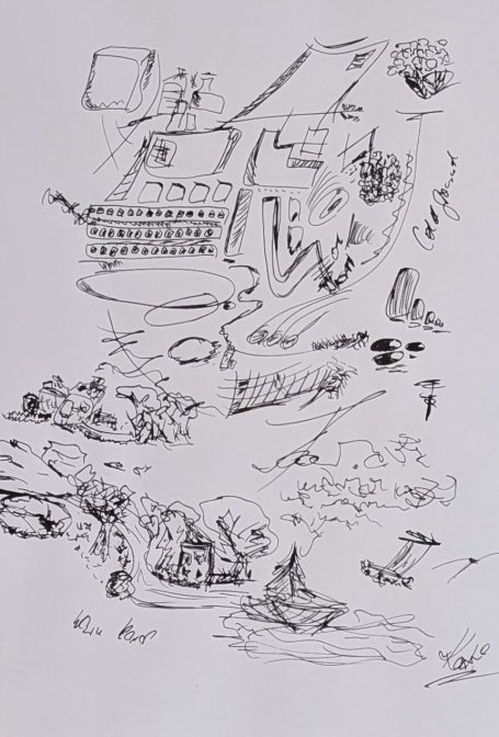 Nr. 19 (2025) Skizze einer Landschaft mit Gebäuden, Wasser und verschiedenen Details.