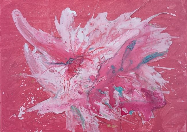 energy (2025) Abstrakte Malerei mit überwiegenden Rosa- und Pinktönen, florale Elemente und dynamische Formen.