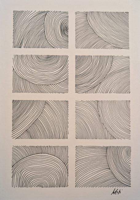 Nr. 2 (2025) Neun quadratische Felder mit geschwungenen, strukturierten Linien in Schwarzweiß.