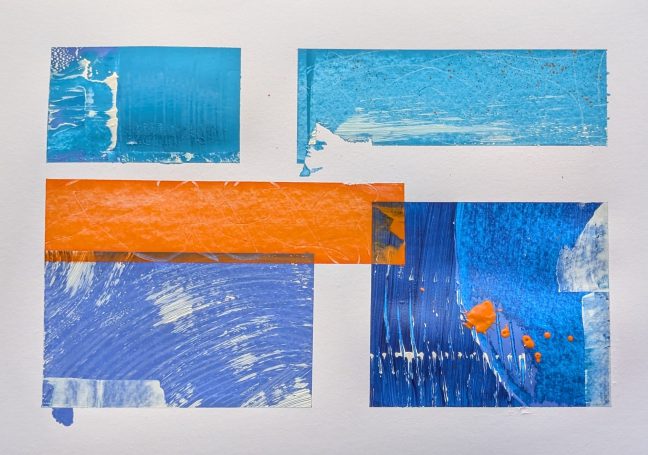 Nr. 48 (2025) Kunstvolle Anordnung von bunten, abstrakten Farbflächen in Blau, Orange und Lila.