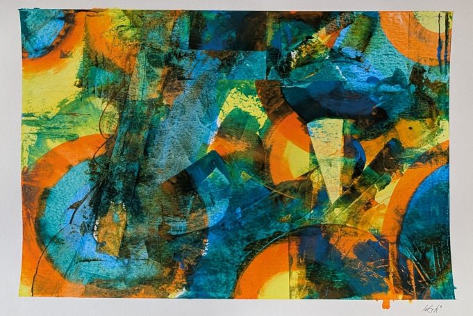 Nr. 6 (2025) Abstrakte Malerei mit lebhaften Farben in Blau, Orange und Grün. Geometrische Formen dominieren.